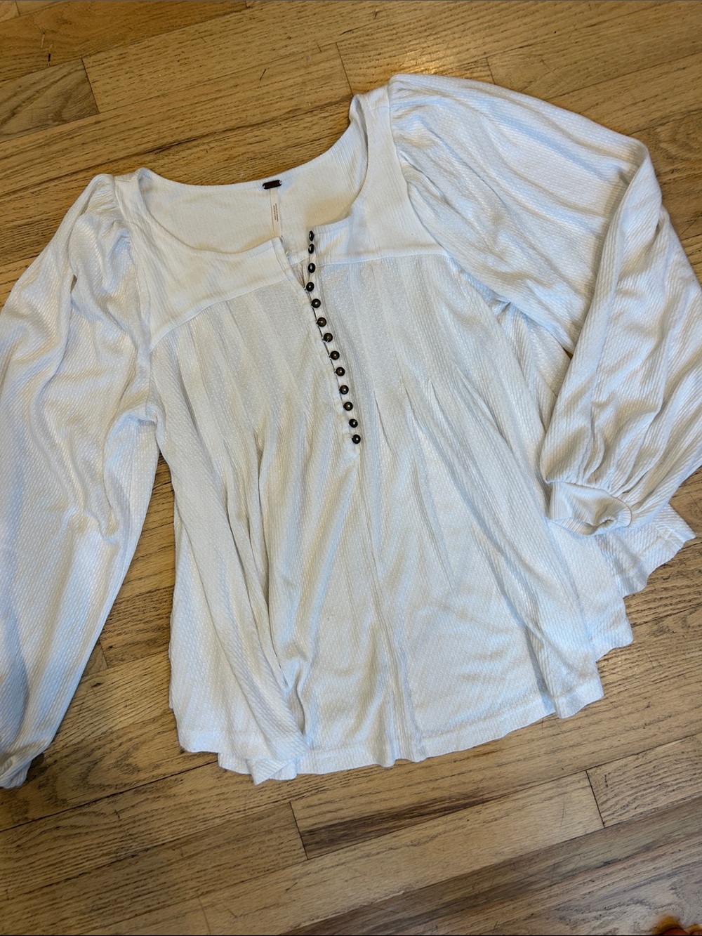 Free People White Textured Puff-Sleeve Henley Blouse